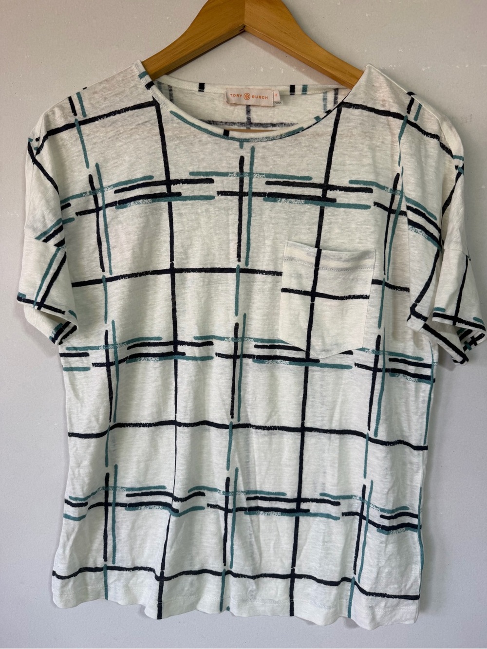 Tory Burch White Short-Sleeve Tee with Teal and Black Grid
